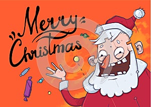 Christmas card with funny Santa Claus smiling and waving hand. Santa Claus waves hello and throws candies.