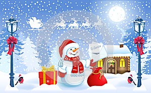 Christmas card with funny Snowman holding envelope with wish list for Santa Claus and Santa`s workshop against winter forest