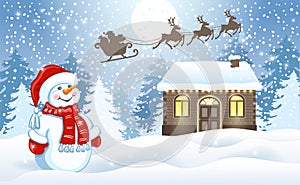 Christmas card with funny Snowman and Santa`s workshop against winter forest background and Santa Claus in sleigh with reindeer