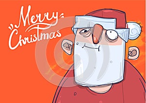 Christmas card with funny spaced-out Santa Claus. Santa Claus got wasted. Lettering on orange background with copy space