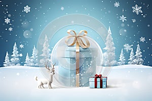 Christmas card, gift bag or box design with snowman and reindeer on the snow globe