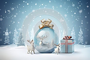 Christmas card, gift bag or box design with snowman and reindeer on the snow globe