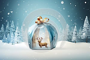 Christmas card, gift bag or box design with snowman and reindeer on the snow globe