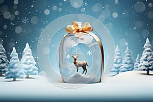 Christmas card, gift bag or box design with snowman and reindeer on the snow globe