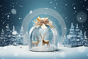 Christmas card, gift bag or box design with snowman and reindeer on the snow globe