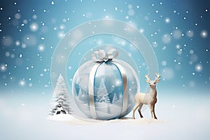 Christmas card, gift bag or box design with snowman and reindeer on the snow globe