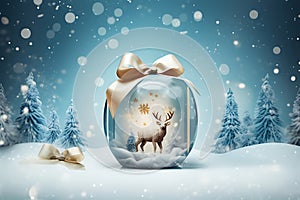 Christmas card, gift bag or box design with snowman and reindeer on the snow globe