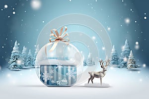 Christmas card, gift bag or box design with snowman and reindeer on the snow globe