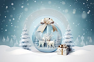 Christmas card, gift bag or box design with snowman and reindeer on the snow globe