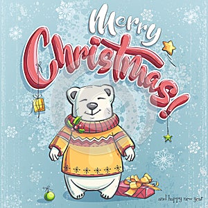 Christmas card, gift bag with funny little bear