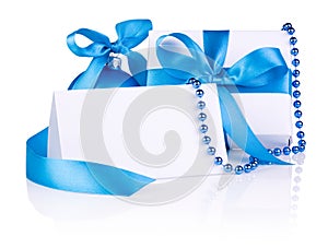 Christmas Card and gift with Blue Ball, ribbon bow