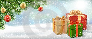Christmas card gift box and christmas tree branch