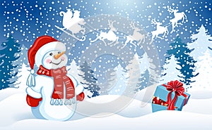 Christmas card with gift box and Snowman in Santa cap against winter forest background and Santa Claus in sleigh with reindeer