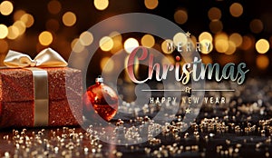 Christmas card with gift and red baubles on empty background with golden bokeh and decorations. Merry Xmas. Happy New Year
