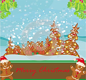 Christmas card with a ginger-bread and funny landscape