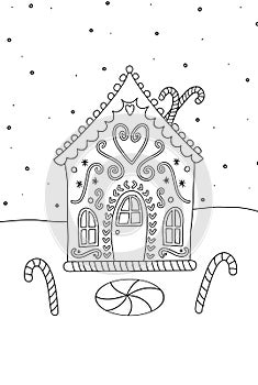Christmas card with gingerbread house in snow. A few sugar canes. Colouring page. Coloring book