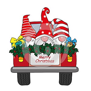 Christmas card. Gnomes in a car with gifts.