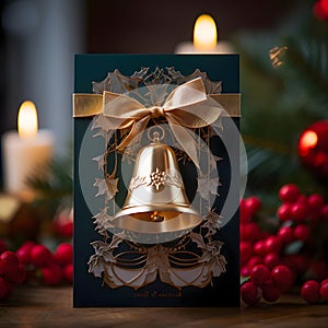 Christmas card with a golden bell, in the background baubles, pine branches and burning candles. Christmas card as a symbol of