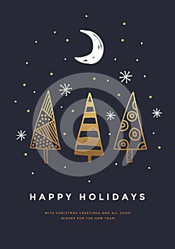 Christmas card with Golden drawing. Decorative Christmas trees in background dark sky, snowflakes and crescent.