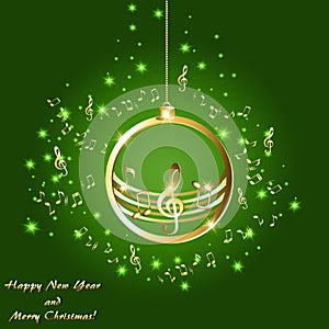 Christmas card with golden musical notes on a green background