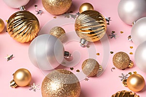 Christmas card with golden and silver balls on pink background