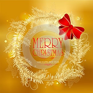 Christmas card with golden Christmas wreath - vector