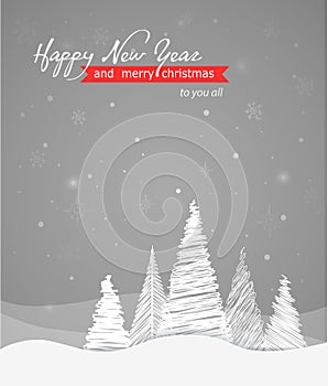 Christmas card with graphic trees and greetings text on a dark b