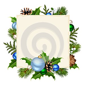 Christmas card with green and blue decorations. Vector illustration.