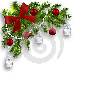 Christmas card. Green branches of a Christmas tree with silver, red balls and ribbon on a white background. Angular