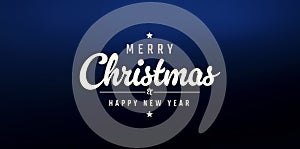 Christmas card with greetings on empty blue background. Merry Xmas. Happy New Year greetings