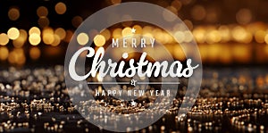 Christmas card greetings on empty golden bokeh background with decorations. Merry Xmas. Happy New Year. Generative Ai