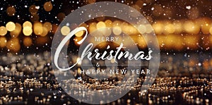 Christmas card greetings on empty golden bokeh background with decorations. Merry Xmas. Happy New Year. Generative Ai