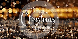 Christmas card greetings on empty golden bokeh background with decorations. Merry Xmas. Happy New Year. Generative Ai