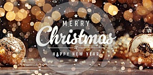 Christmas card greetings with golden decorations, baubles and bokeh. Merry Xmas. Happy New Year. Generative Ai