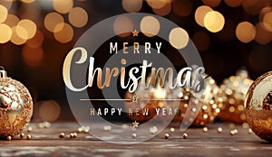 Christmas card greetings with golden decorations, baubles and bokeh. Merry Xmas. Happy New Year. Generative Ai