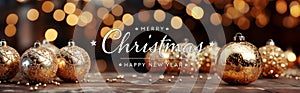 Christmas card greetings with golden decorations, baubles and bokeh. Merry Xmas. Happy New Year. Generative Ai