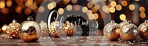 Christmas card greetings with golden decorations, baubles and bokeh. Merry Xmas. Happy New Year. Generative Ai