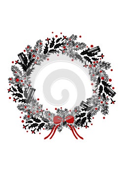 Christmas card with a hand drawing of black wreath of mistletoe, spruce, cinnamon and spices on white background.