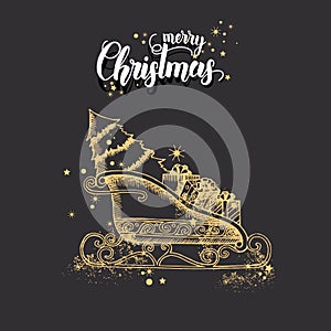 Christmas card with hand drawn doodle golden christmas Santa`s sleigh and glitter on black. Hand made quote