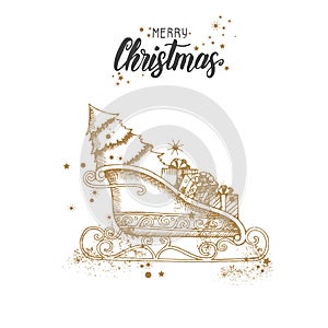 Christmas card with hand drawn doodle golden christmas Santa`s sleigh and glitter on black. Hand made quote
