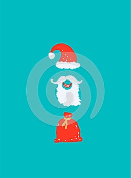 Christmas card hand drawn doodle objects. Red sack, beard and Santa hat. Xmas Abstract modern trendy New Year vector illustration