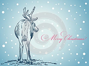 Christmas card hand drawn reindeer tail view on blue winter background