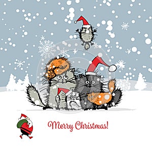 Christmas card with happy cats family