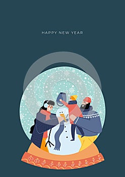 Christmas card with happy family holiday scene in snowball