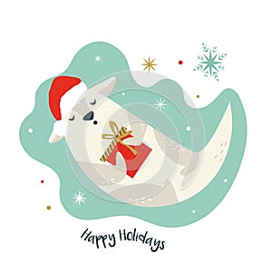 Christmas card with holiday otter in Santa hat