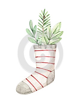 Christmas card with holiday socks, fir branch, mistletoe and eucalyptus  - Watercolor illustration. Happy new year. Winter design