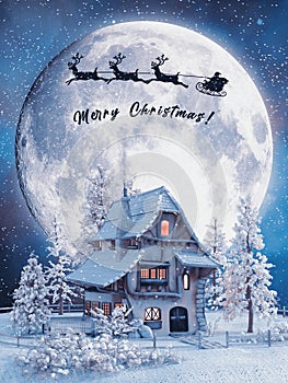 Christmas card with house and full moon