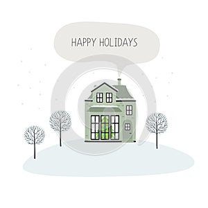 Christmas card with house, happy holidays. Vector illustration