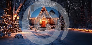 Christmas card with a house illuminated at night in the forest near snow-covered shining Christmas trees
