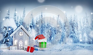 Christmas card with house in snow